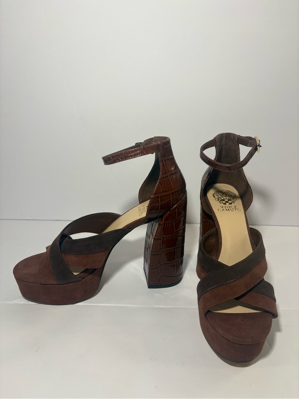 Vince Camuto Brown Suede & Croc-Embossed Platform Sandals Size 10